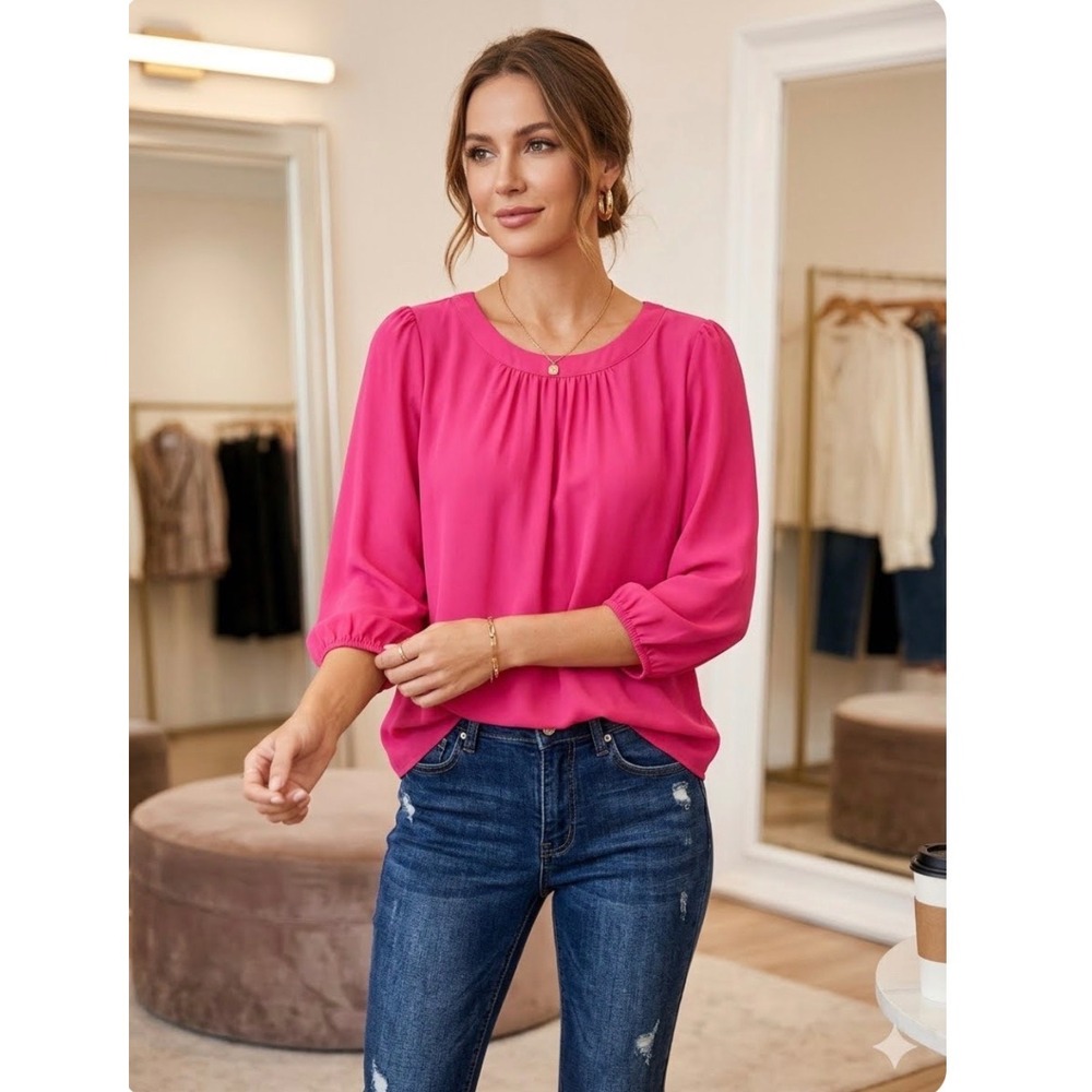 NY & Co Blouse Womens‎ L Pink Button Back Pleated Top Business Casual Barbiecore